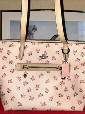 COACH Pink Floral Tote with Beige Trim